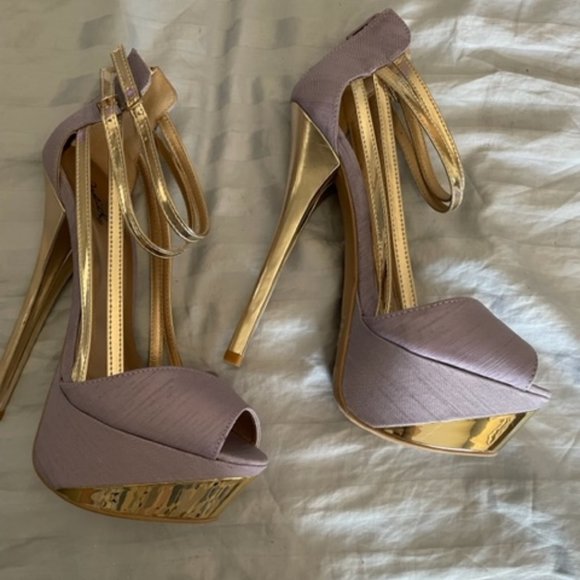 Qupid Canvas Sexy Peep Toe Killer Heels in Lavender gold Platform Size 7 1/2 - Picture 10 of 16